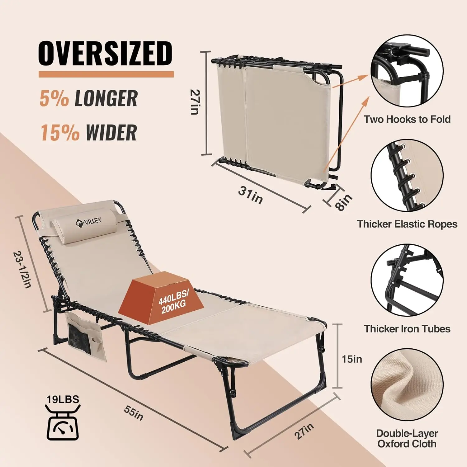Oversized Chaise Lounge Chair with Face Hole, Portable Tanning Chair, Adjustable Reclining Beach Chair