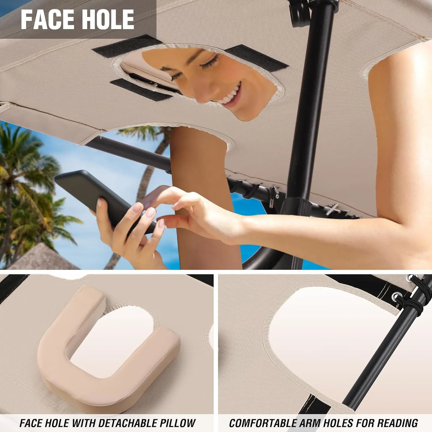 Oversized Chaise Lounge Chair with Face Hole, Portable Tanning Chair, Adjustable Reclining Beach Chair