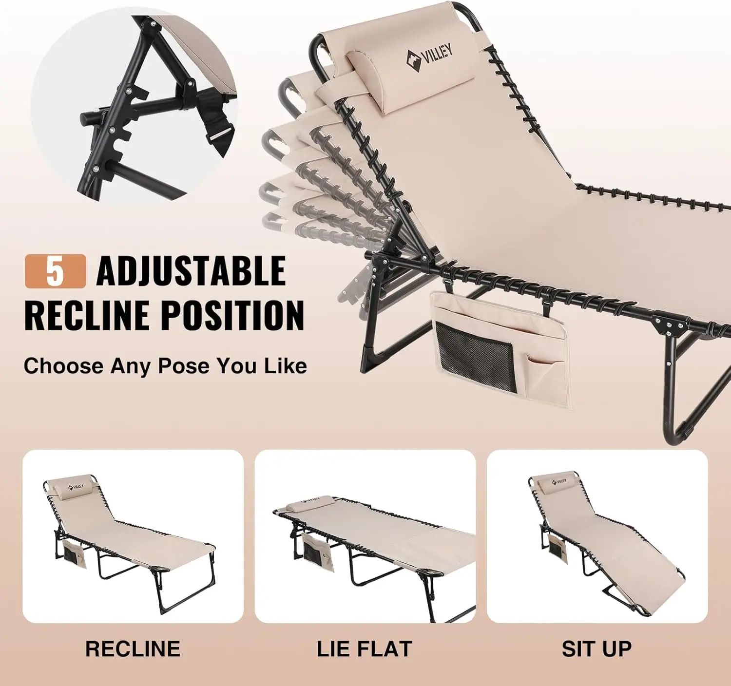 Oversized Chaise Lounge Chair with Face Hole, Portable Tanning Chair, Adjustable Reclining Beach Chair
