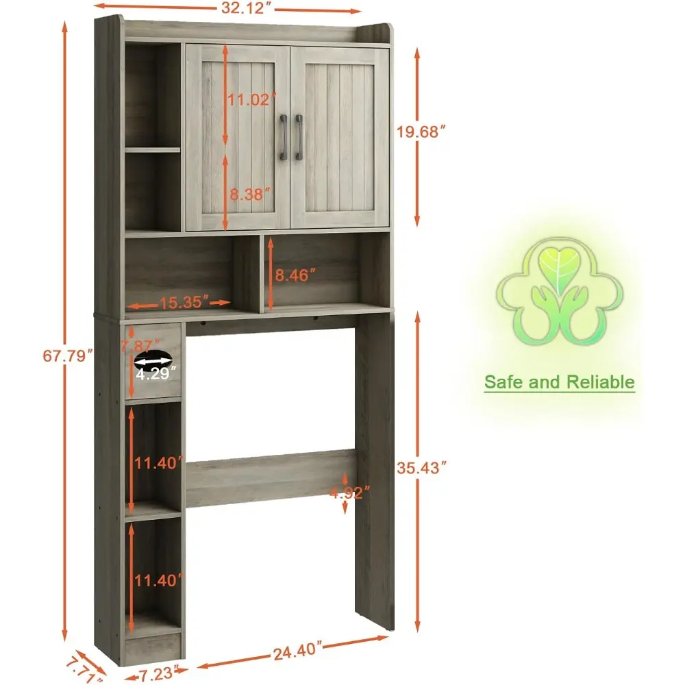 Farmhouse Storage Cabinet Over Toilet with 2 Barn Doors & Toilet Paper Holder Stand, Space-Saving Bathroom Rack