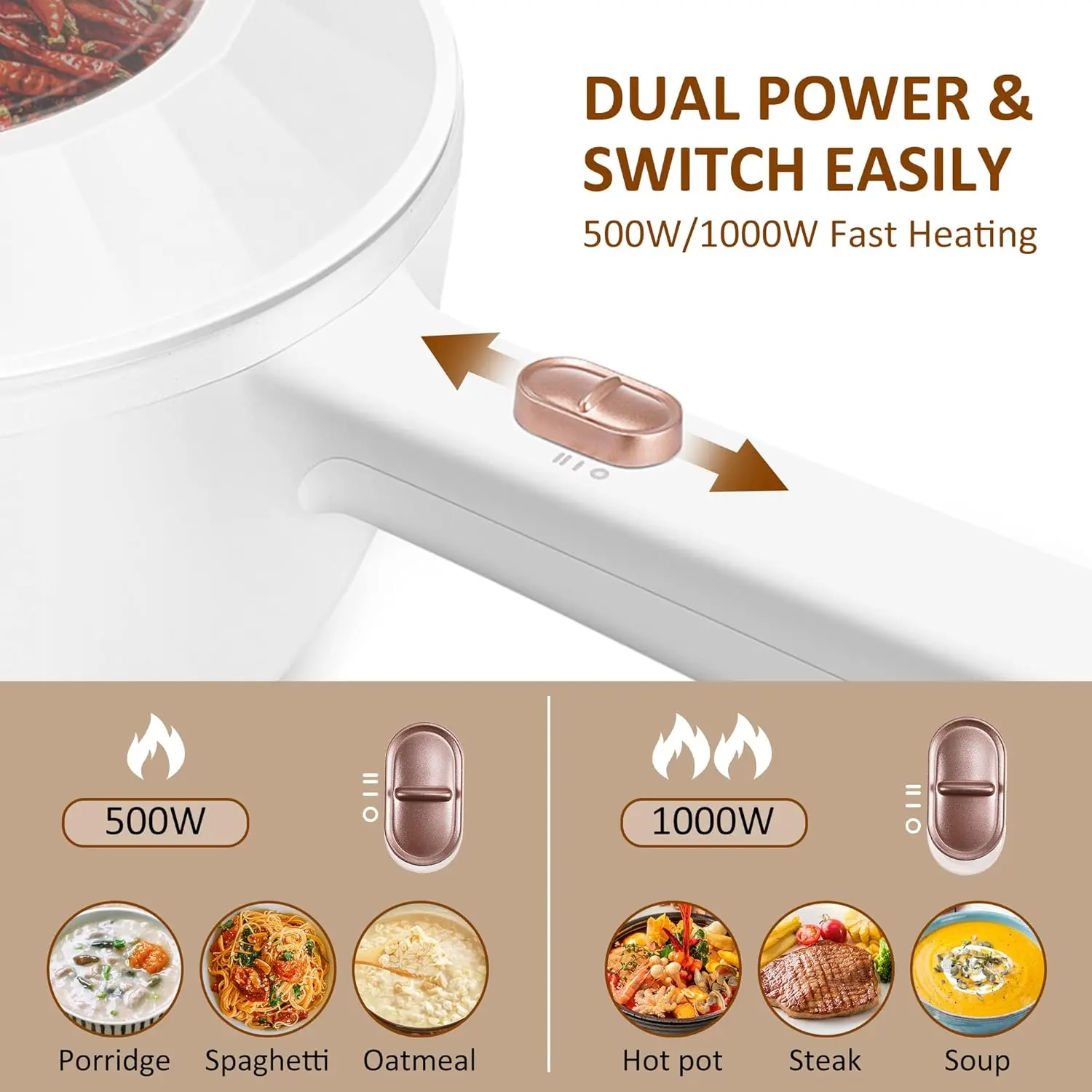 Bear Hot Pot Electric, 2L Multifunctional Portable Cooking Pot, 1000W Rapid Noodles Electric, Non-Stick Frying Pans for Steak,