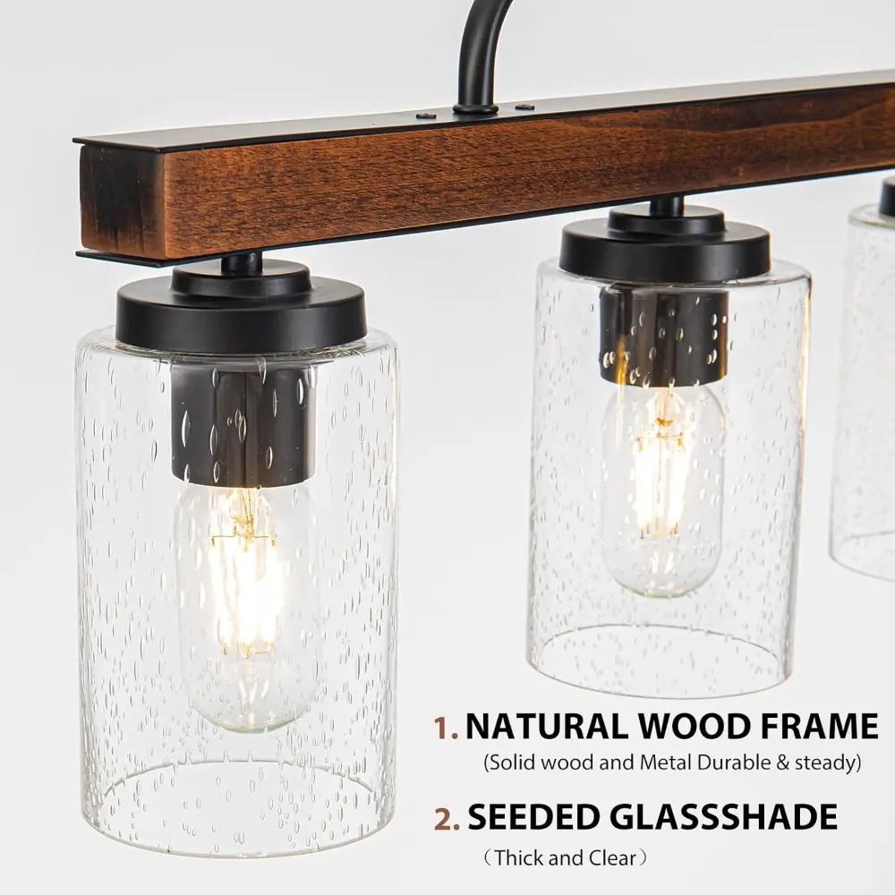 Farmhouse Dining Room Light Fixture, 4-Light Wood Kitchen Island Lighting, Industrial Chandeliers for Dining Room Over Table Bla