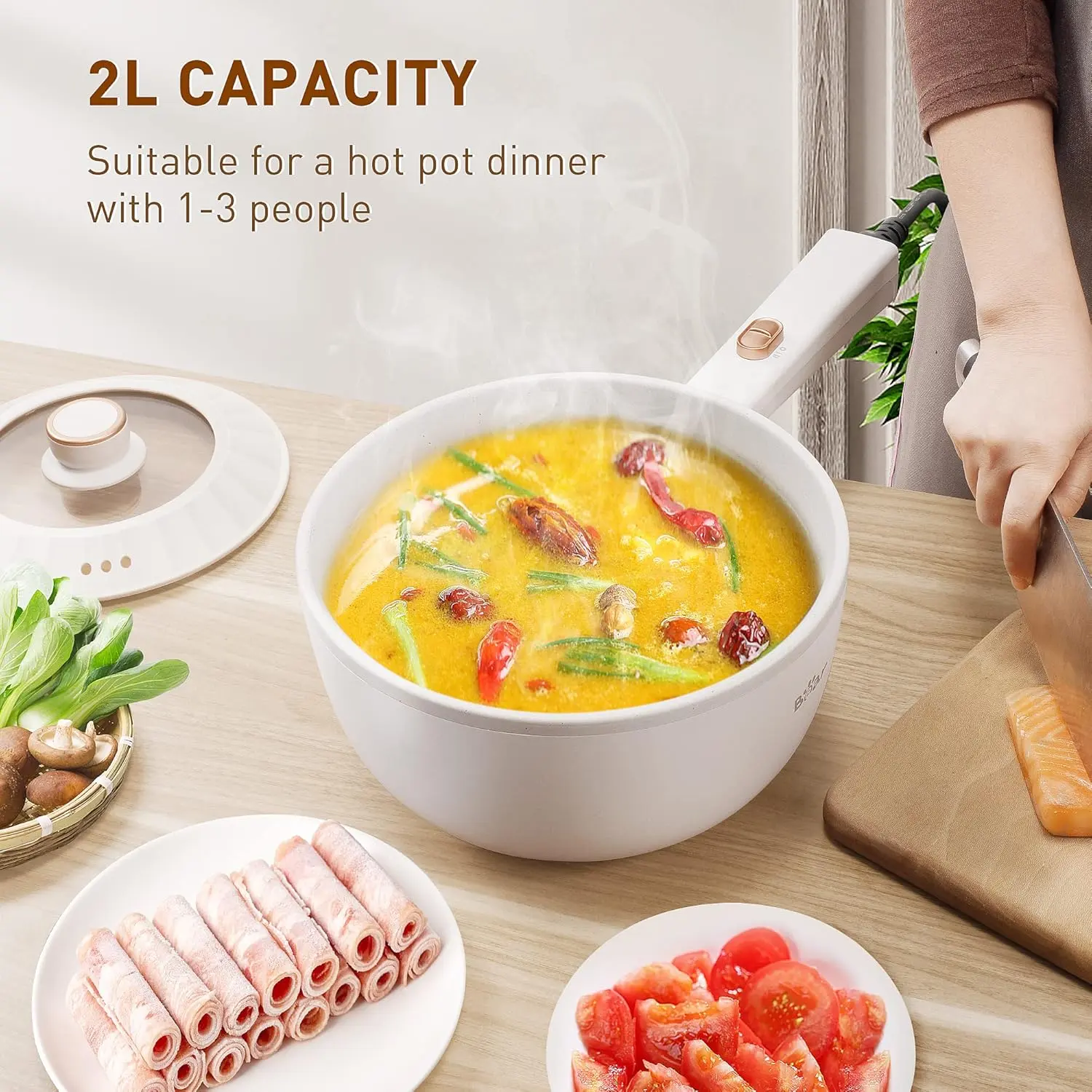 Bear Hot Pot Electric, 2L Multifunctional Portable Cooking Pot, 1000W Rapid Noodles Electric, Non-Stick Frying Pans for Steak,