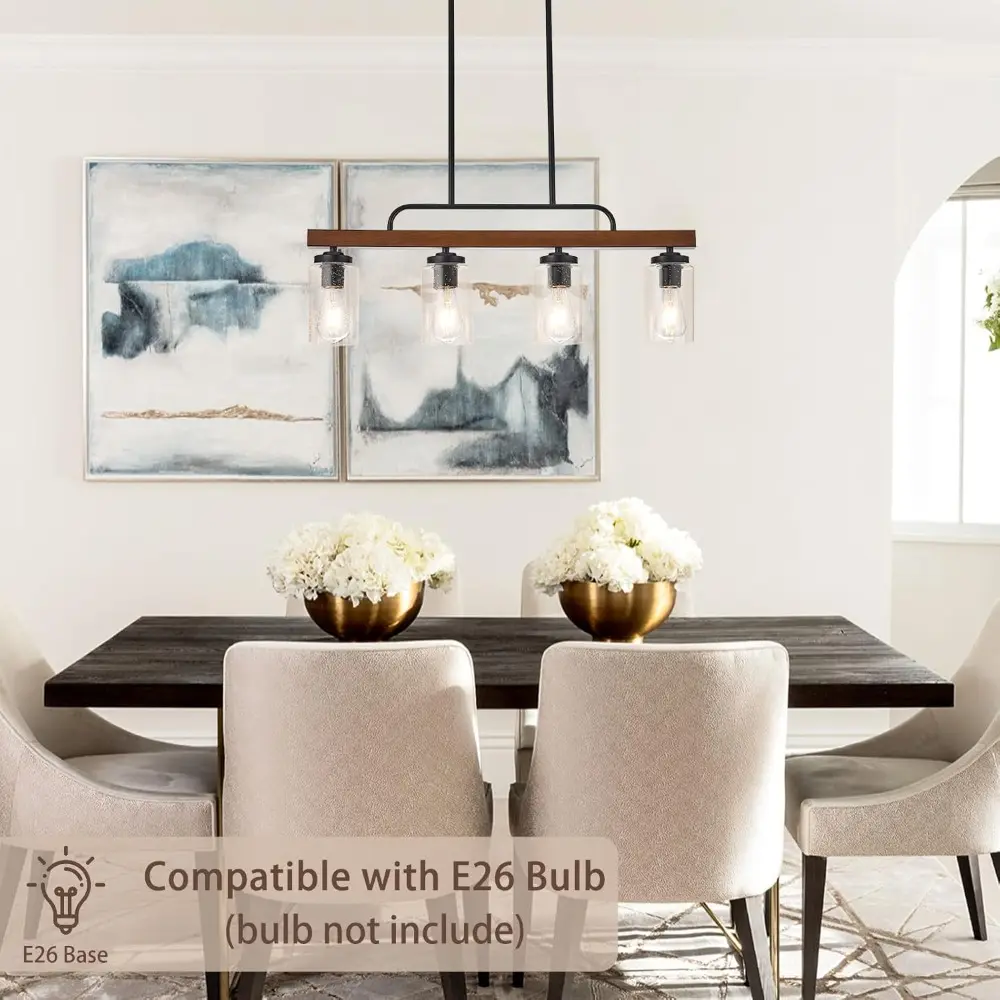 Farmhouse Dining Room Light Fixture, 4-Light Wood Kitchen Island Lighting, Industrial Chandeliers for Dining Room Over Table Bla