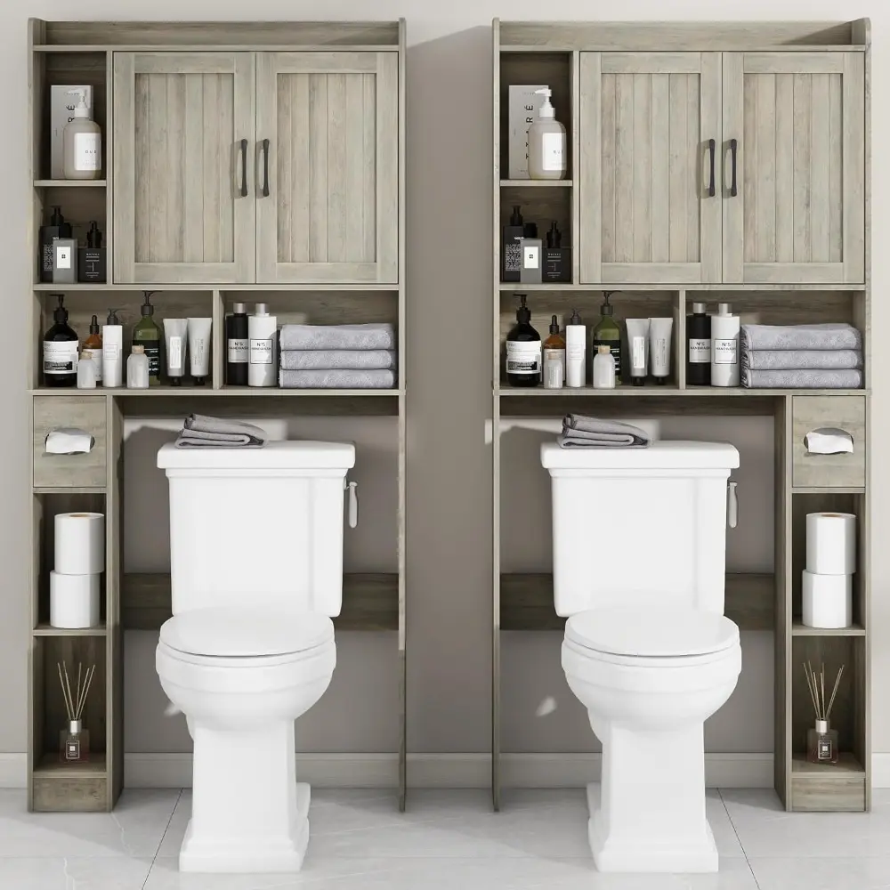 Farmhouse Storage Cabinet Over Toilet with 2 Barn Doors & Toilet Paper Holder Stand, Space-Saving Bathroom Rack