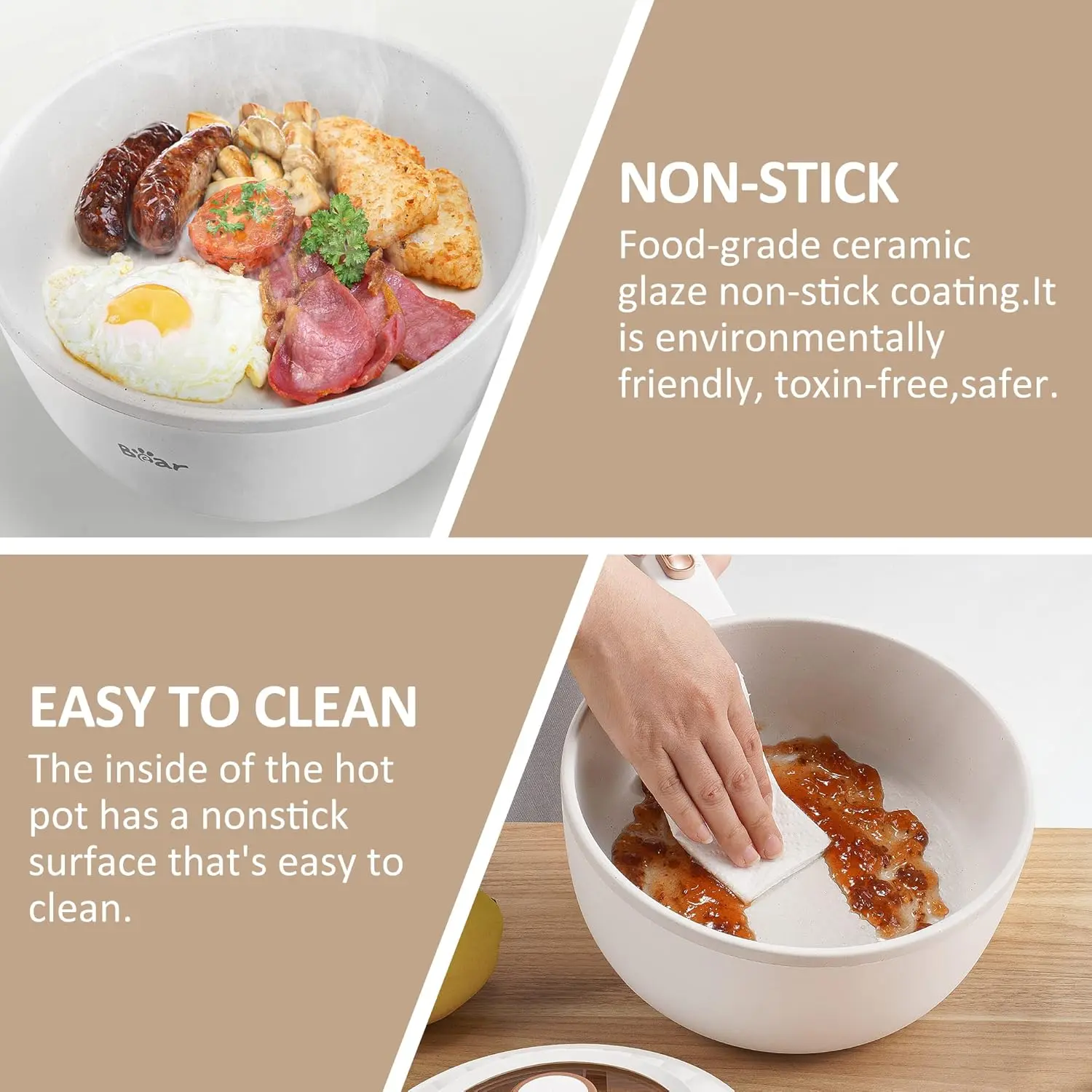 Bear Hot Pot Electric, 2L Multifunctional Portable Cooking Pot, 1000W Rapid Noodles Electric, Non-Stick Frying Pans for Steak,