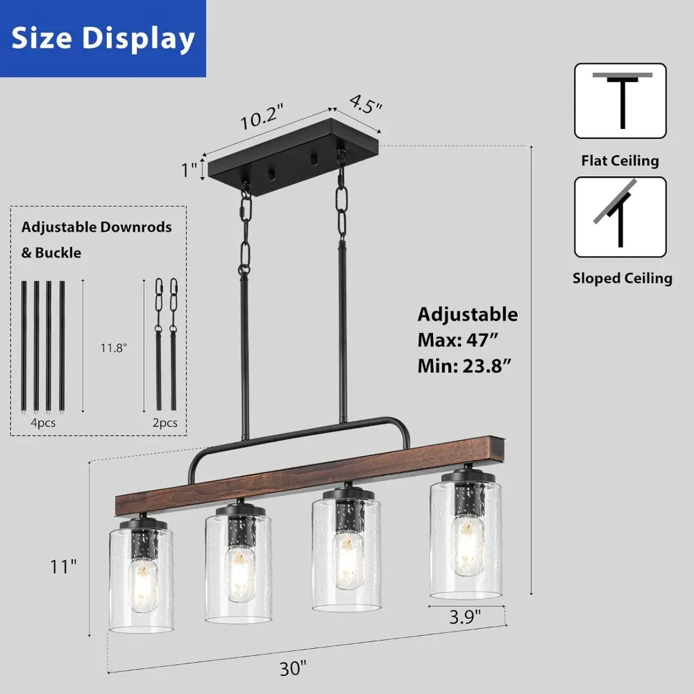 Farmhouse Dining Room Light Fixture, 4-Light Wood Kitchen Island Lighting, Industrial Chandeliers for Dining Room Over Table Bla