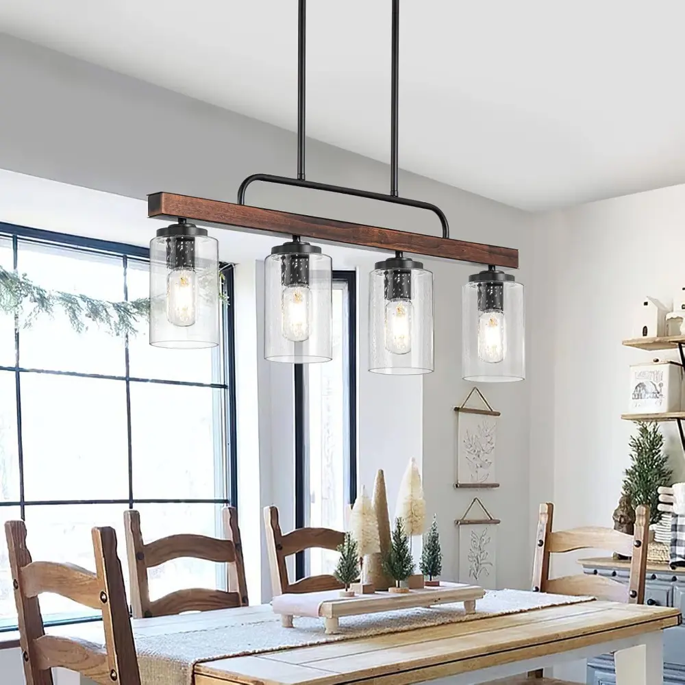 Farmhouse Dining Room Light Fixture, 4-Light Wood Kitchen Island Lighting, Industrial Chandeliers for Dining Room Over Table Bla