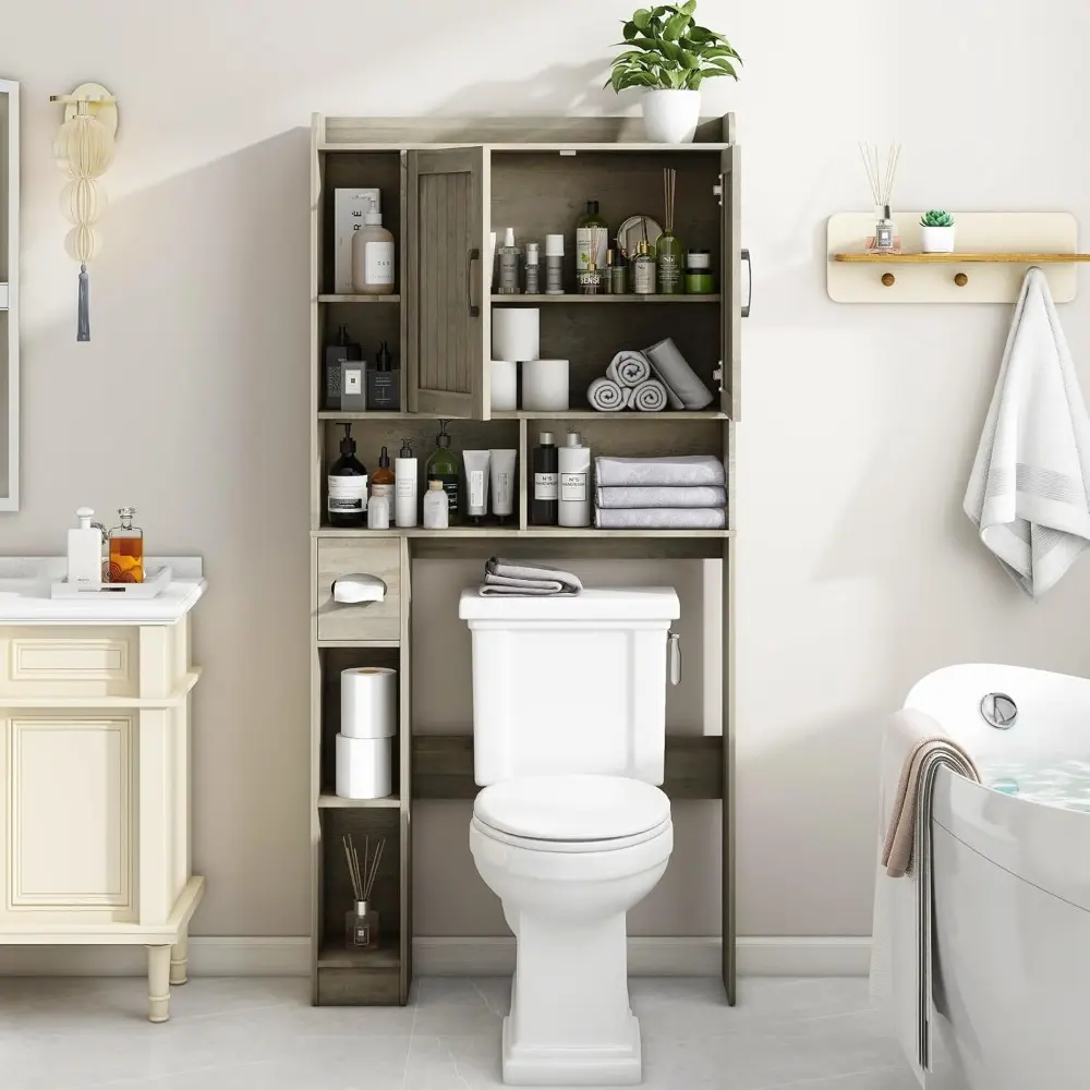 Farmhouse Storage Cabinet Over Toilet with 2 Barn Doors & Toilet Paper Holder Stand, Space-Saving Bathroom Rack