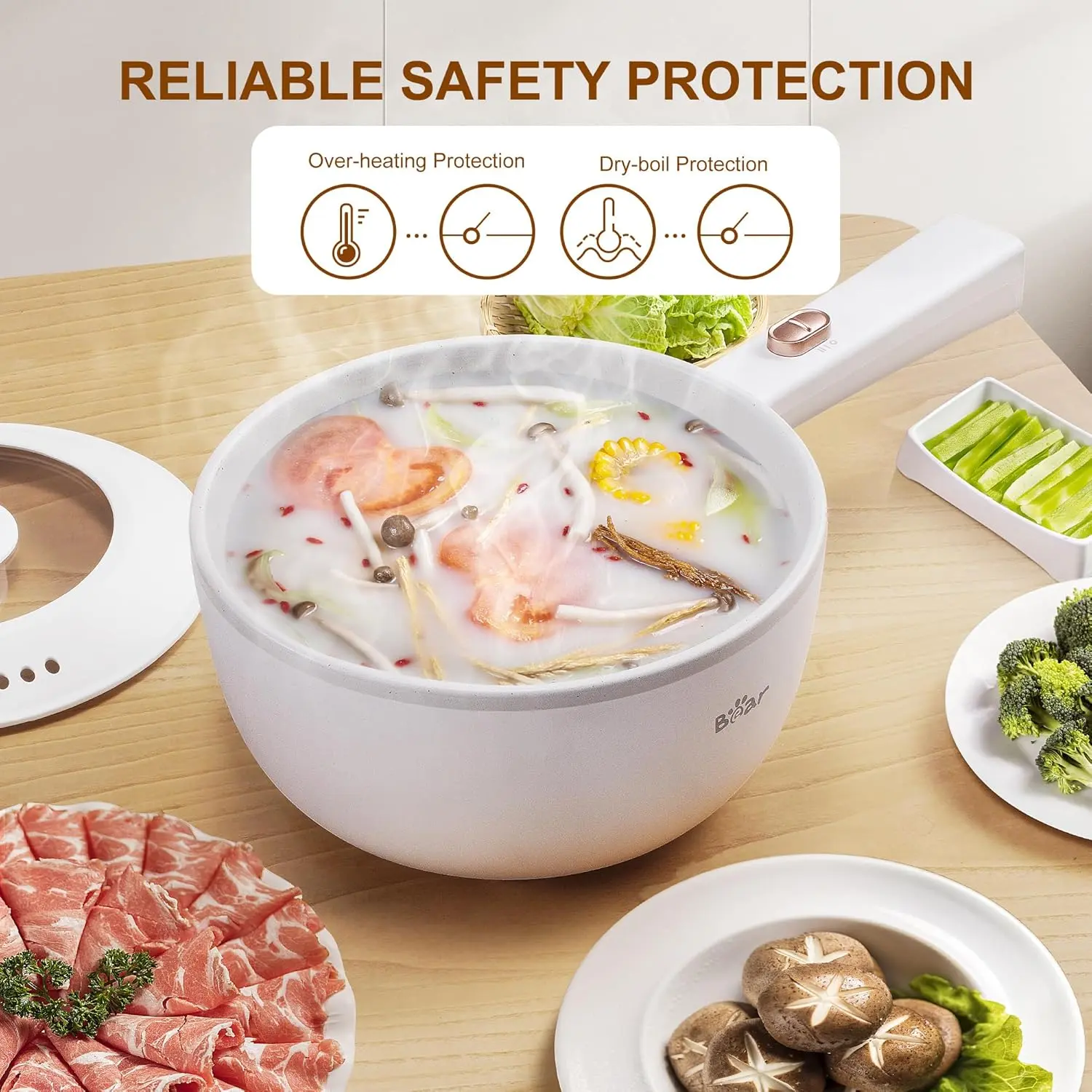 Bear Hot Pot Electric, 2L Multifunctional Portable Cooking Pot, 1000W Rapid Noodles Electric, Non-Stick Frying Pans for Steak,