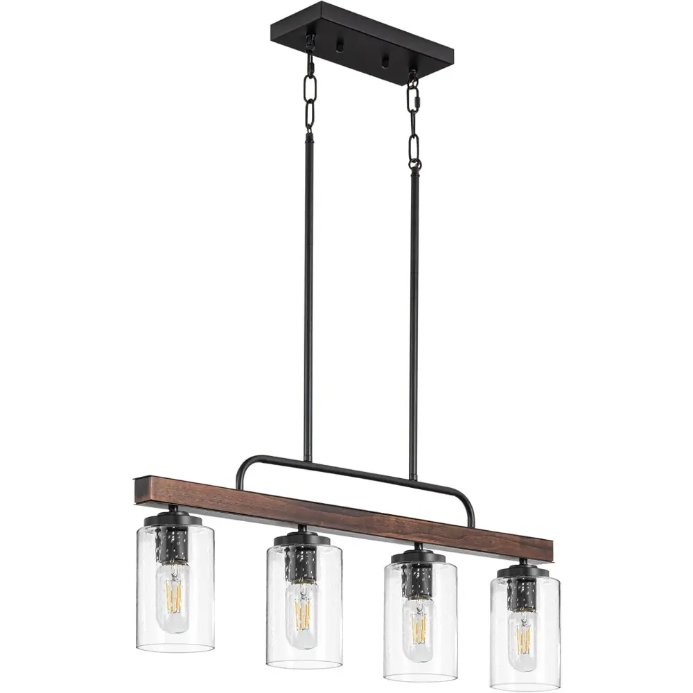 Farmhouse Dining Room Light Fixture, 4-Light Wood Kitchen Island Lighting, Industrial Chandeliers for Dining Room Over Table Bla