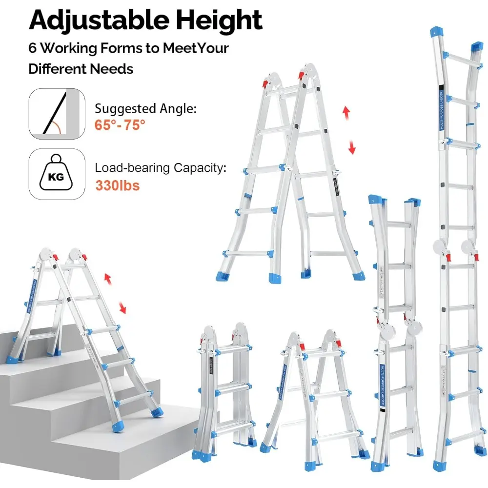 Step Ladder, A Frame 3 Step Telescoping Stepladder, 13 ft Reach Height Muti Position Folding Flared Leg Design, 330 lbs Capacit