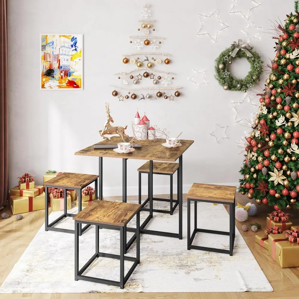 Industrial Dining Table Set for 4 Compact Kitchen Table and 4 Stools Space Saving Home Furniture for Small Space, Rustic Brown