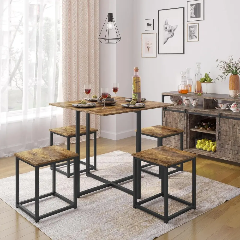 Industrial Dining Table Set for 4 Compact Kitchen Table and 4 Stools Space Saving Home Furniture for Small Space, Rustic Brown