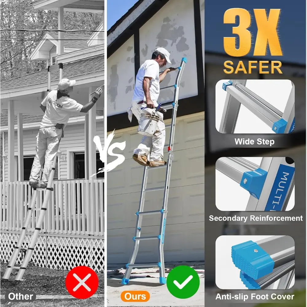 Step Ladder, A Frame 3 Step Telescoping Stepladder, 13 ft Reach Height Muti Position Folding Flared Leg Design, 330 lbs Capacit