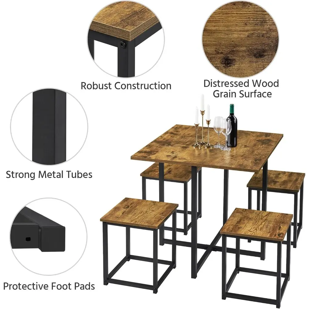 Industrial Dining Table Set for 4 Compact Kitchen Table and 4 Stools Space Saving Home Furniture for Small Space, Rustic Brown