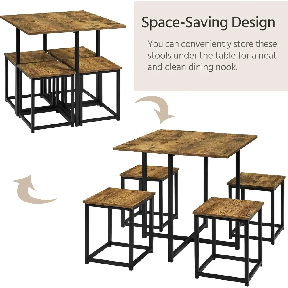Industrial Dining Table Set for 4 Compact Kitchen Table and 4 Stools Space Saving Home Furniture for Small Space, Rustic Brown