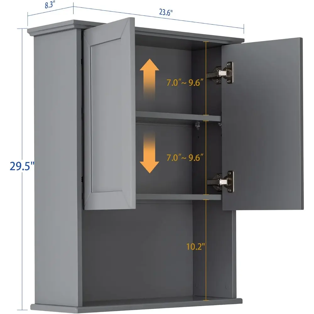 Grey Cabinet Wall Mounted with 2 Doors, Wooden Medicine Cabinet with Adjustable Shelf, 23"x 29" Over Toilet Wall Hanging Cabinet