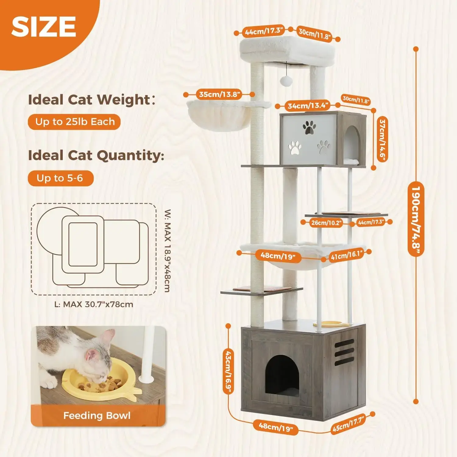 Large Cat Tree with Food Station, 74.8 Inches Wooden Tall Cat Tower with Extra Large Condos and Hammocks,