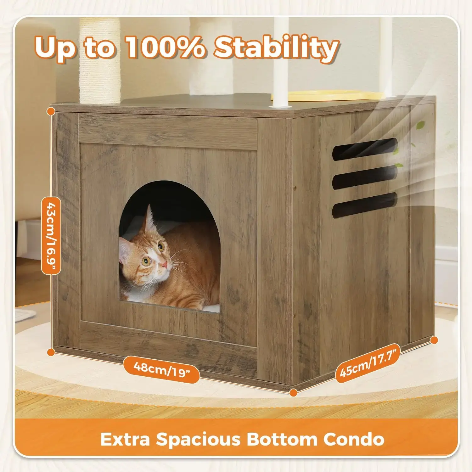 Large Cat Tree with Food Station, 74.8 Inches Wooden Tall Cat Tower with Extra Large Condos and Hammocks,