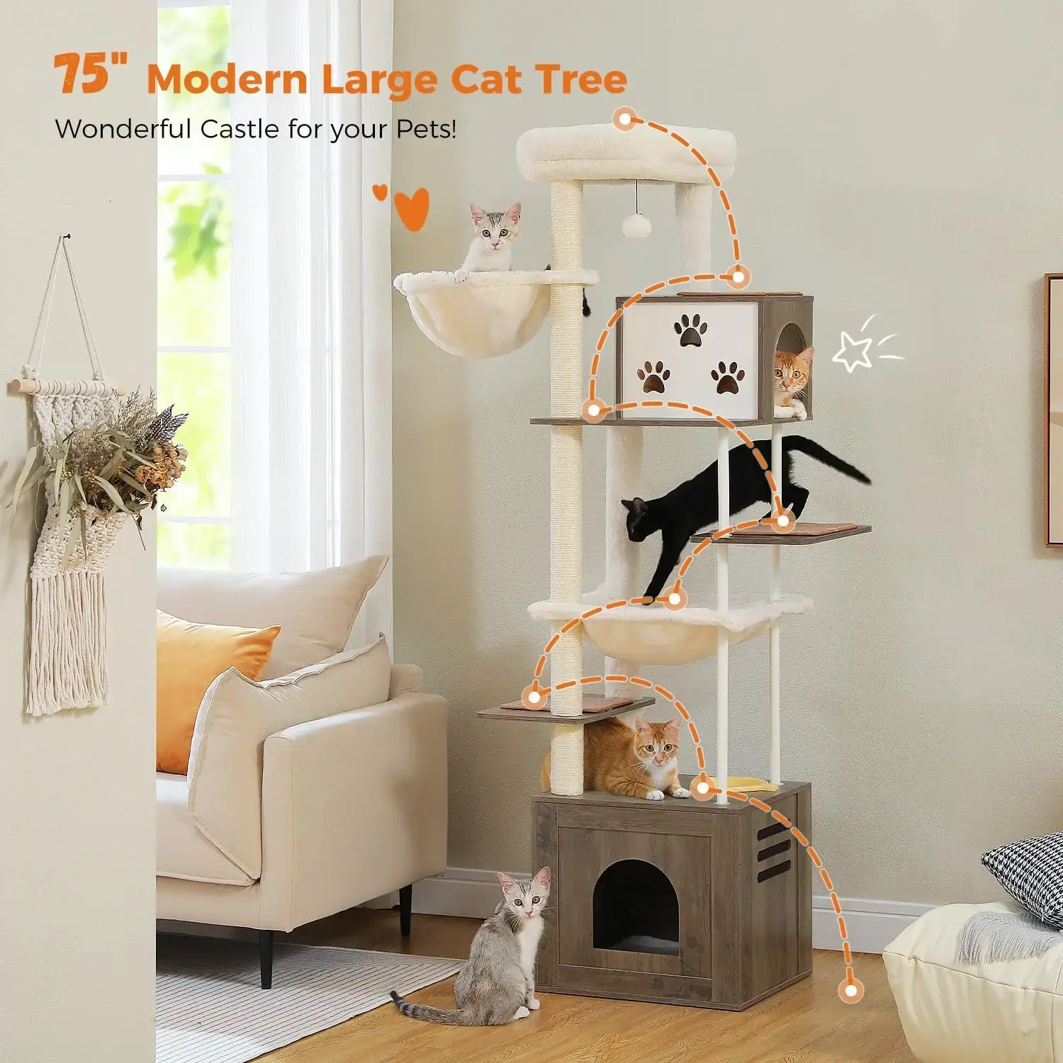 Large Cat Tree with Food Station, 74.8 Inches Wooden Tall Cat Tower with Extra Large Condos and Hammocks,