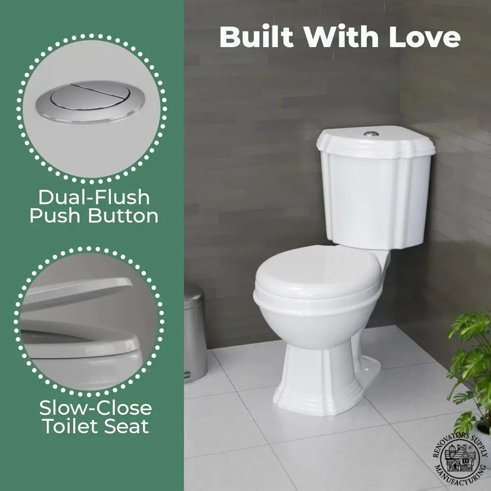 Renovators Supply Sheffield Corner 2-Piece Round Toilet 12", WaterSense Dual Flush, White Toilet With Slow Close Seat