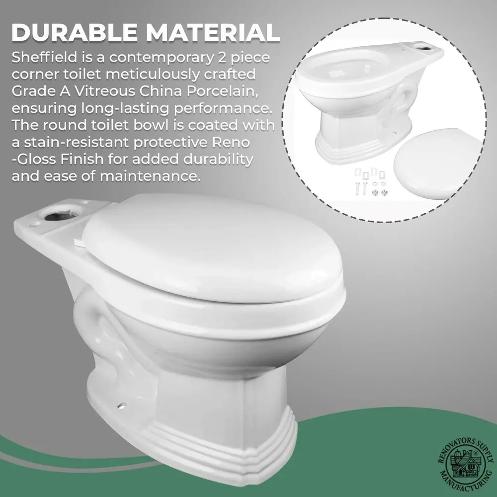 Renovators Supply Sheffield Corner 2-Piece Round Toilet 12", WaterSense Dual Flush, White Toilet With Slow Close Seat