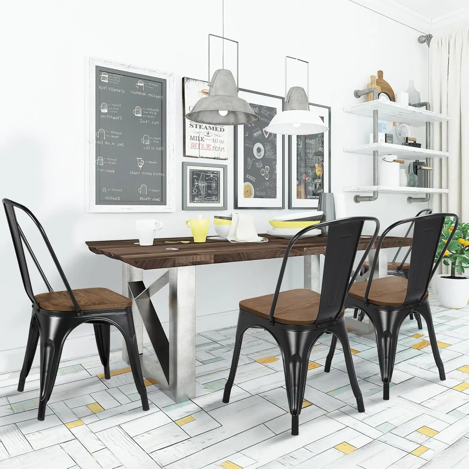 18 Inch Classic Iron Metal Dining Chair with Wood Top/Seat Indoor-Outdoor Use Chic Dining Bistro Cafe SideBarstool