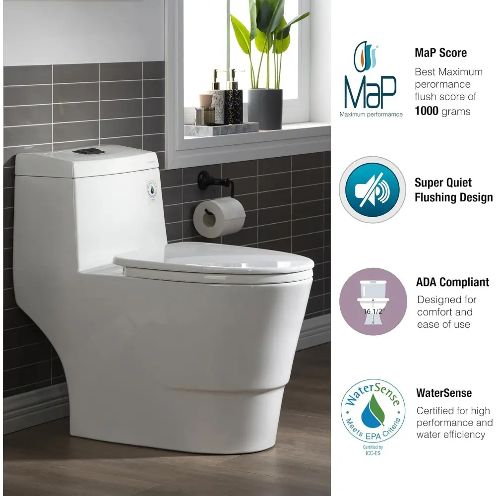 E One Piece Toilet with Soft Closing Seat, Chair Height, 1.28 GPF Dual, Water Sensed, 1000 Gram MaP Flushing Score Toilet with C
