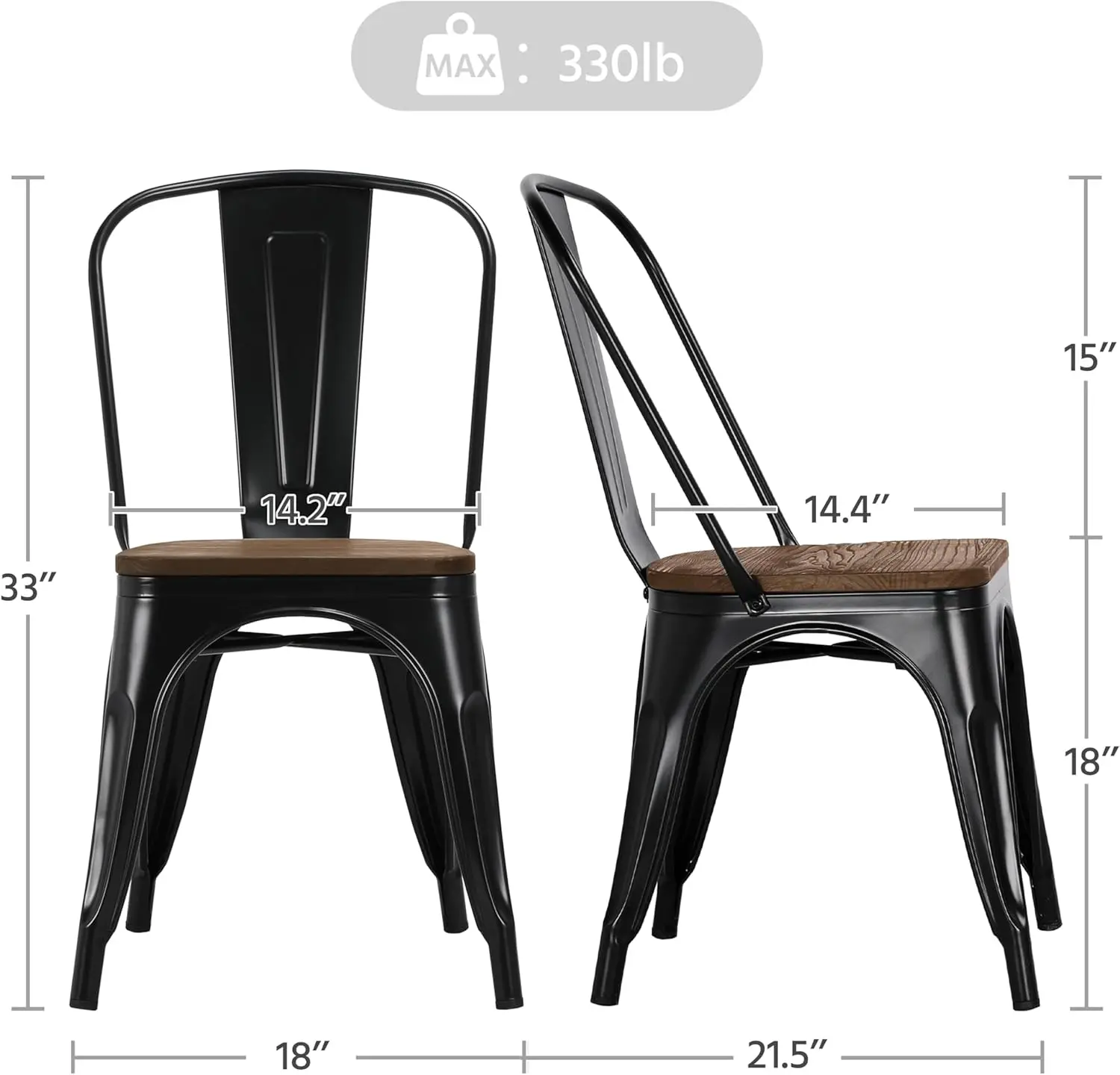 18 Inch Classic Iron Metal Dining Chair with Wood Top/Seat Indoor-Outdoor Use Chic Dining Bistro Cafe SideBarstool
