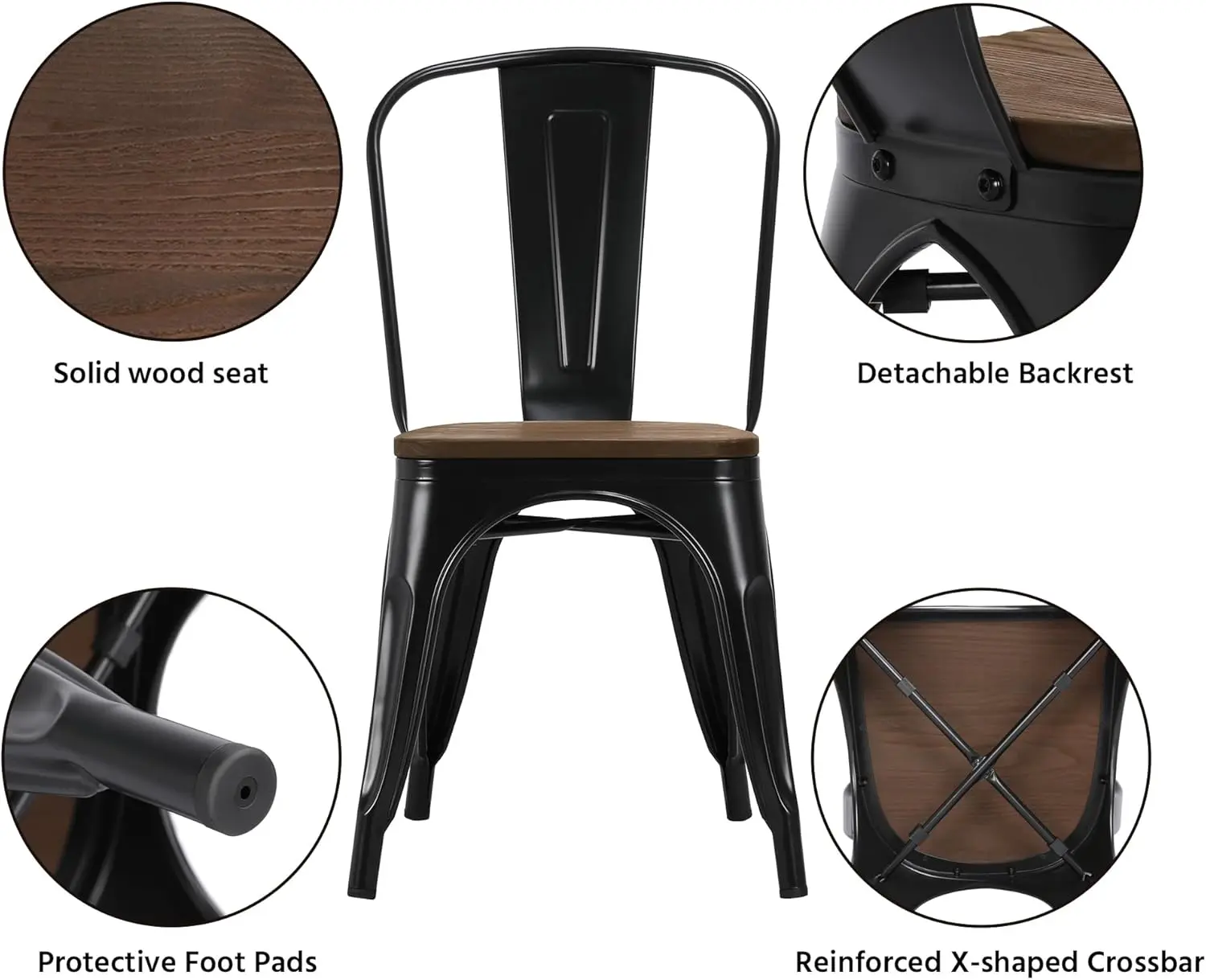 18 Inch Classic Iron Metal Dining Chair with Wood Top/Seat Indoor-Outdoor Use Chic Dining Bistro Cafe SideBarstool