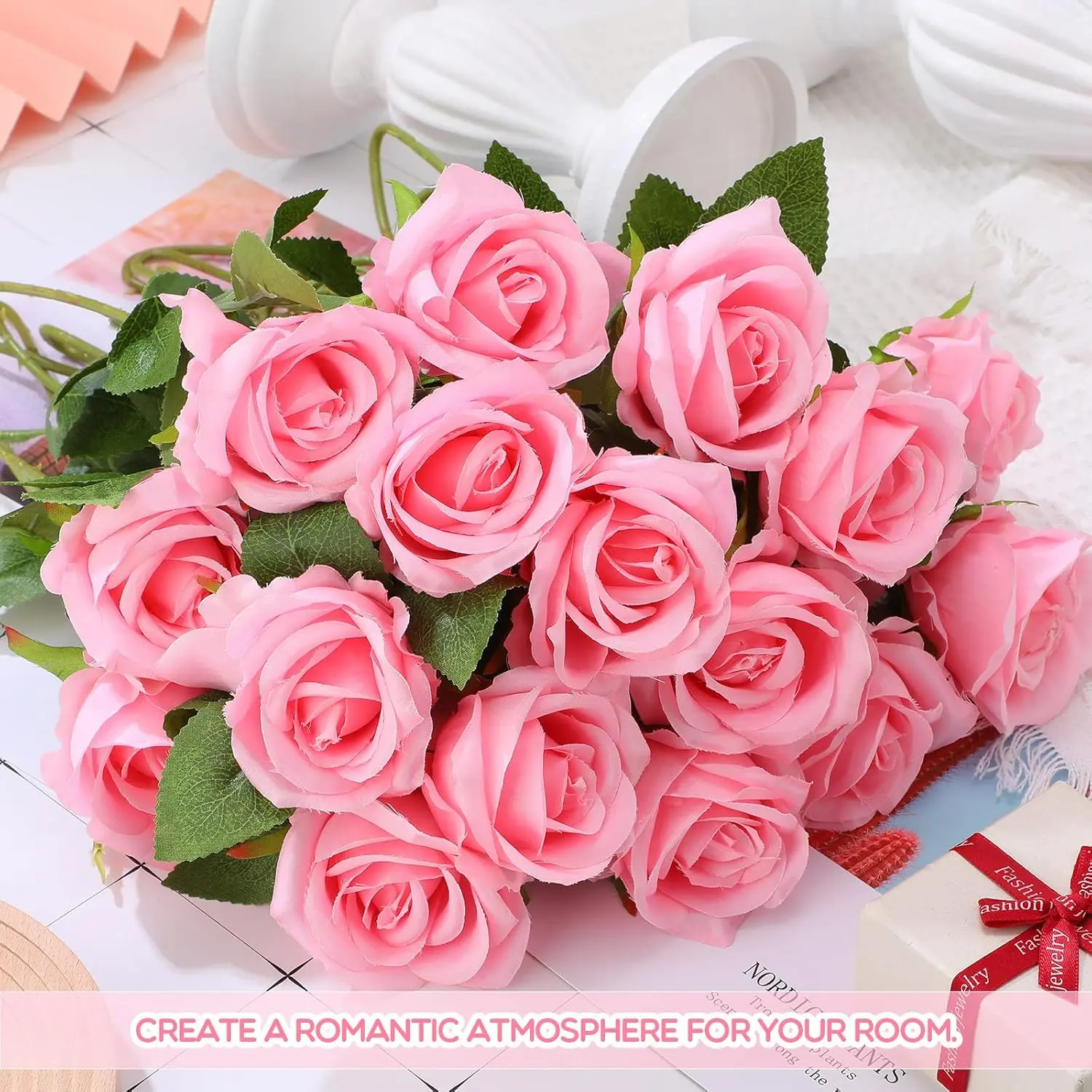 100 Pieces Artificial Roses Flowers Bulk, Long Stem Realistic Fake Silk Roses Bouquet for Table Centerpiece Vases Wedding Party