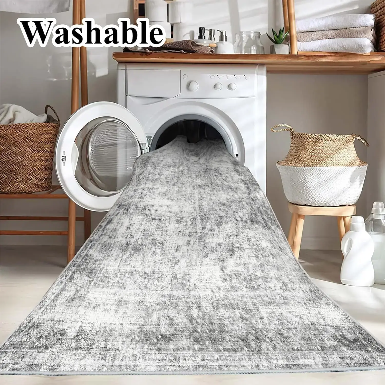 Area Rug 6x9 Washable Rug Gray Vintage Traditional Floor Cover Thin Rug Retro Kitchen Indoor Distressed Non Slip Carpet Floral