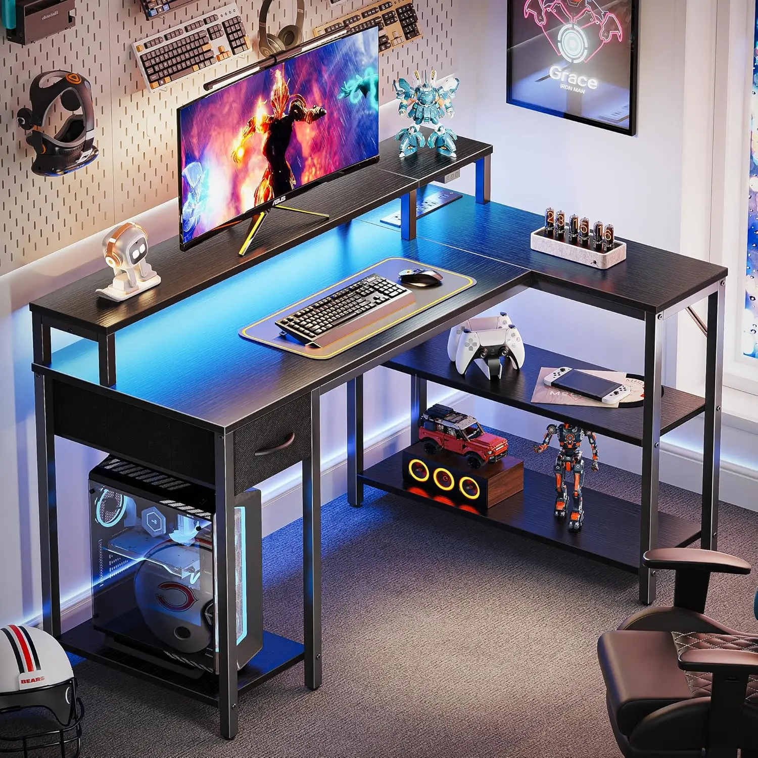 47 inch Reversible L Shaped Desk with LED Lights & Power Outlets, Computer Desk with Shelves & Monitor Stand, Gaming Desk with