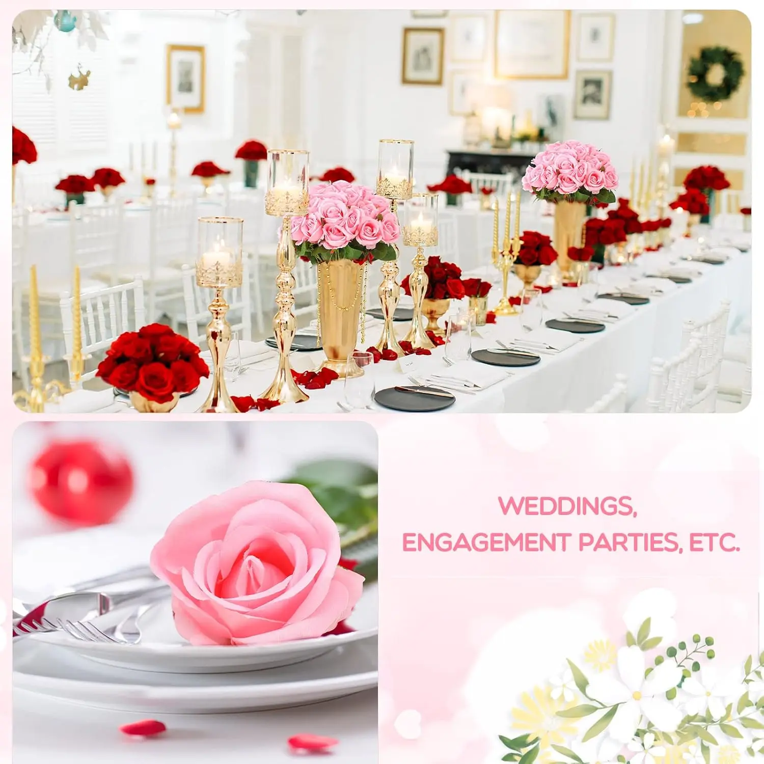 100 Pieces Artificial Roses Flowers Bulk, Long Stem Realistic Fake Silk Roses Bouquet for Table Centerpiece Vases Wedding Party