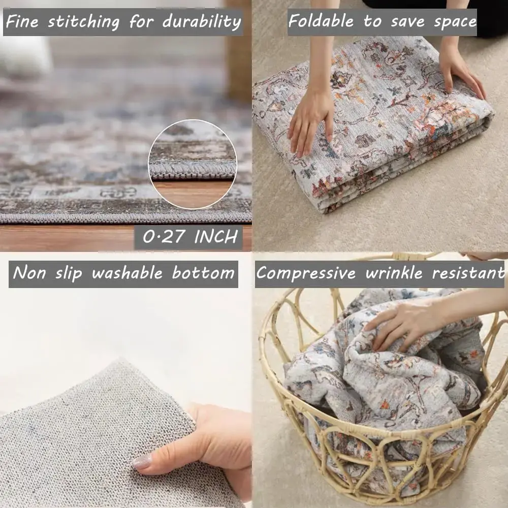 Area Rug 6x9 Washable Rug Gray Vintage Traditional Floor Cover Thin Rug Retro Kitchen Indoor Distressed Non Slip Carpet Floral