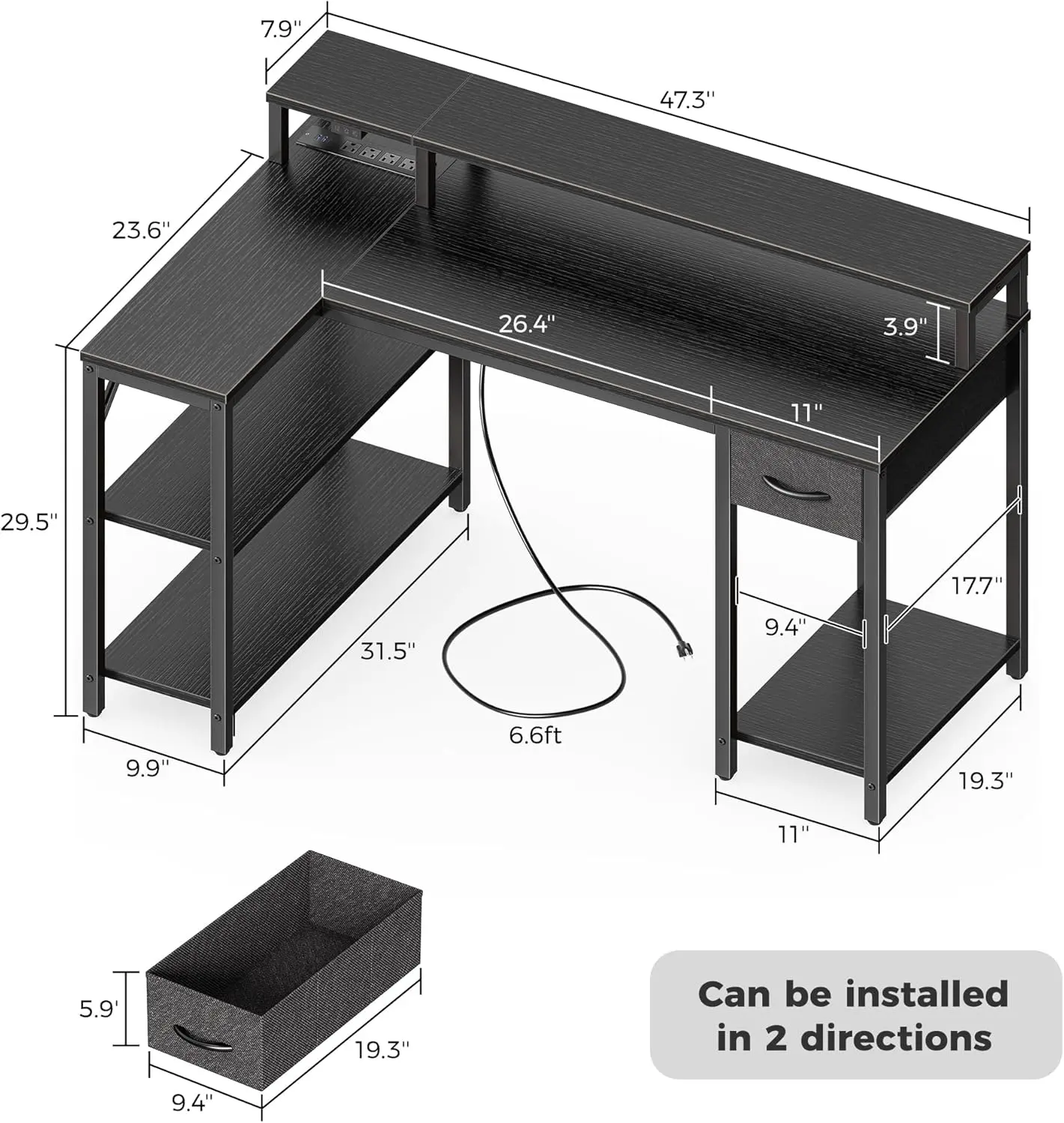 47 inch Reversible L Shaped Desk with LED Lights & Power Outlets, Computer Desk with Shelves & Monitor Stand, Gaming Desk with