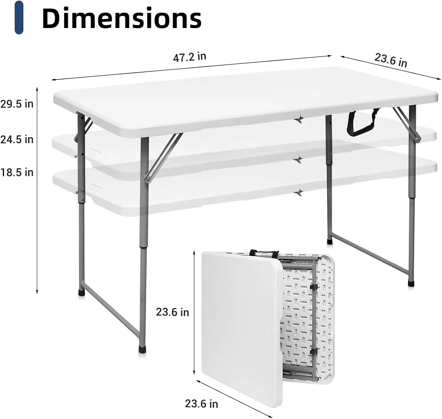 Folding Table 4 Foot Portable Heavy Duty Plastic Fold-in-Half Utility Table Small Indoor Outdoor Adjustable Height Folding with