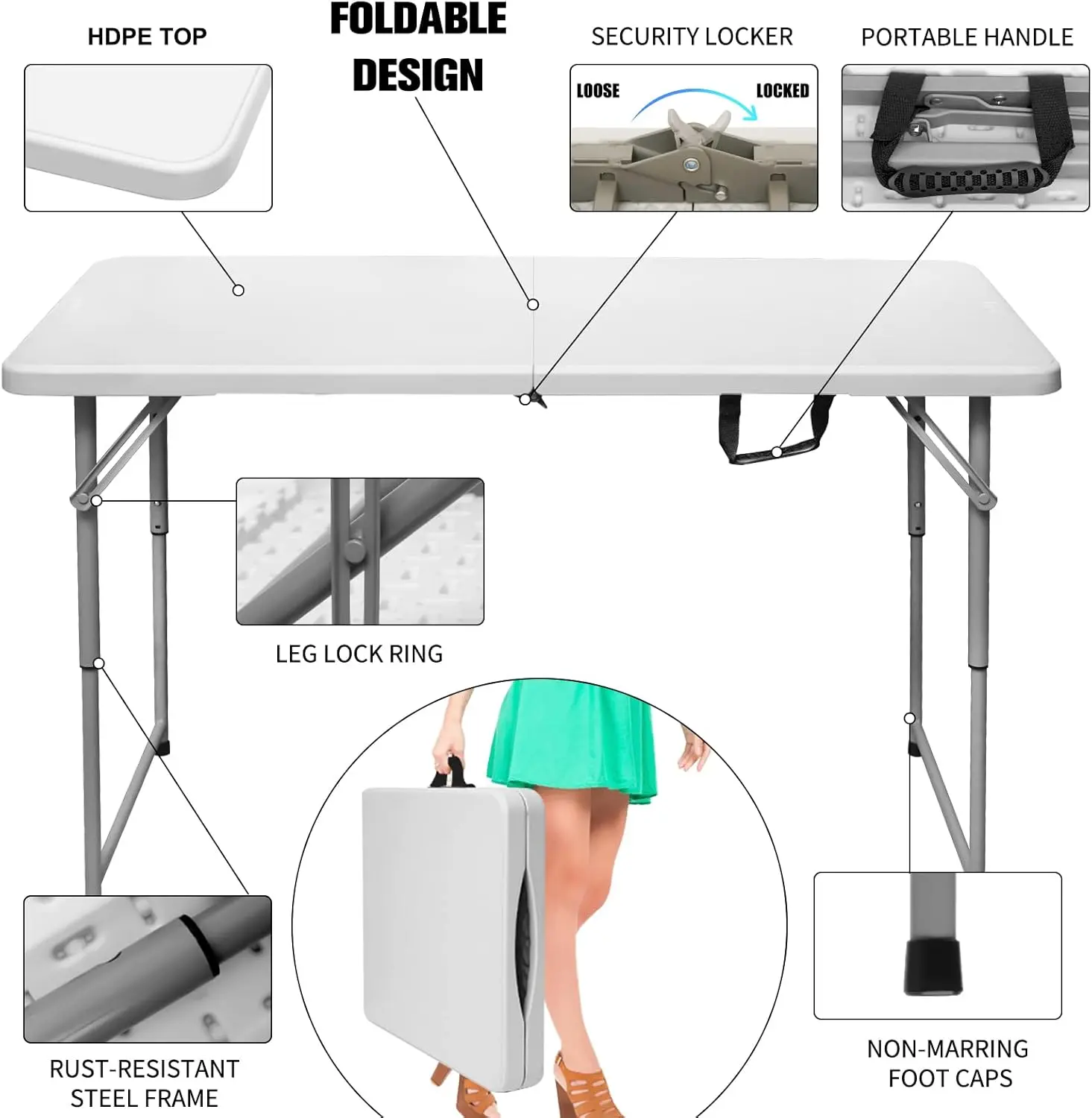 Folding Table 4 Foot Portable Heavy Duty Plastic Fold-in-Half Utility Table Small Indoor Outdoor Adjustable Height Folding with