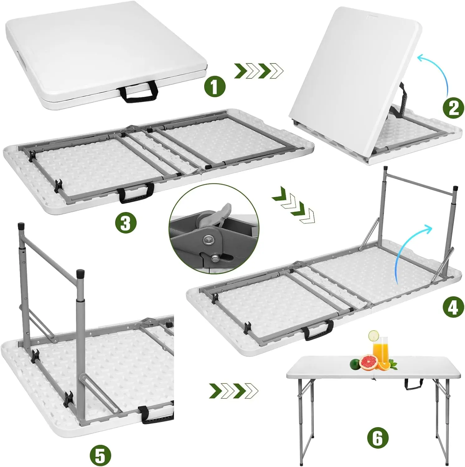 Folding Table 4 Foot Portable Heavy Duty Plastic Fold-in-Half Utility Table Small Indoor Outdoor Adjustable Height Folding with