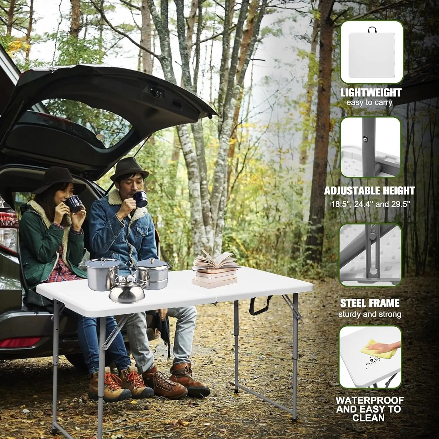 Folding Table 4 Foot Portable Heavy Duty Plastic Fold-in-Half Utility Table Small Indoor Outdoor Adjustable Height Folding with