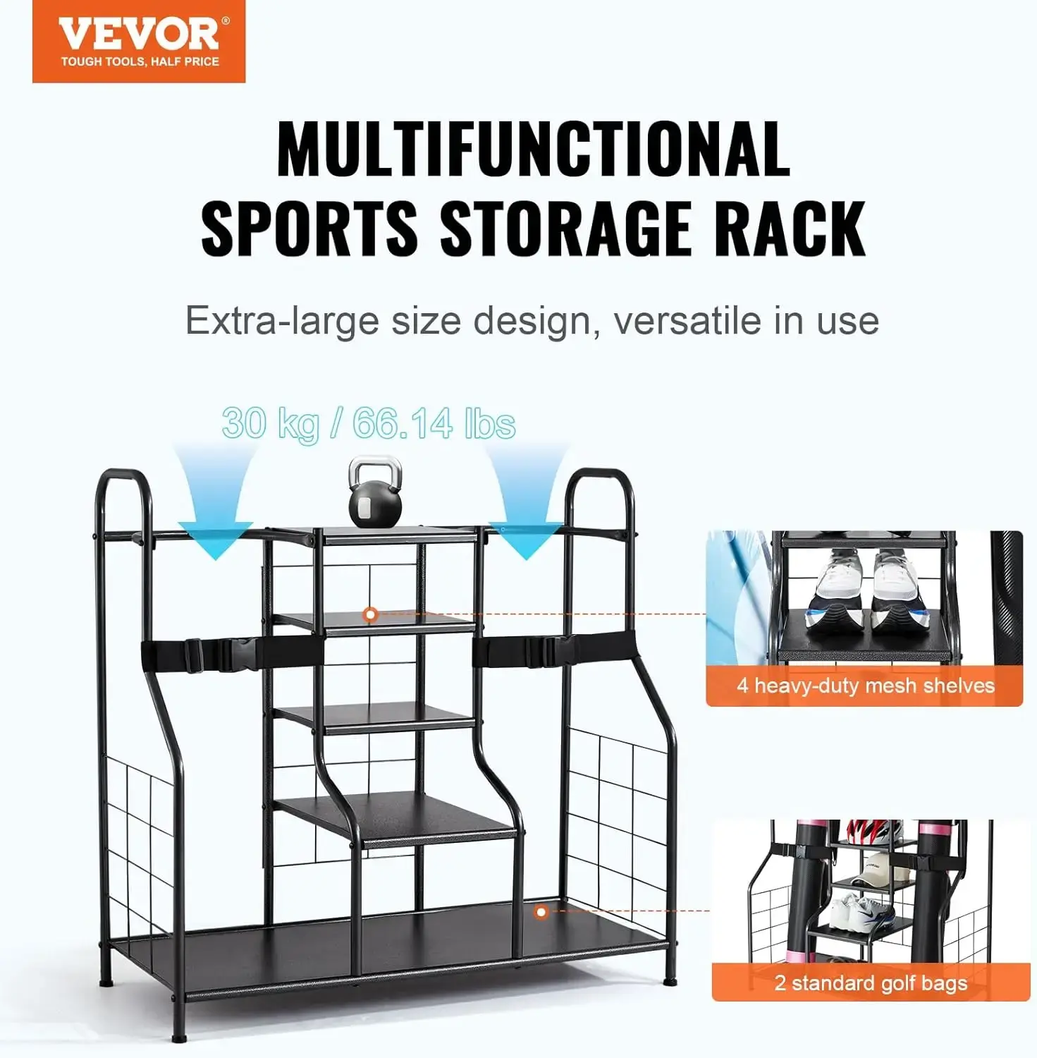 Golf Storage Garage Organizer, 2 Golf Bag Storage Stand Holder and Other Sports Equipment Storage Rack