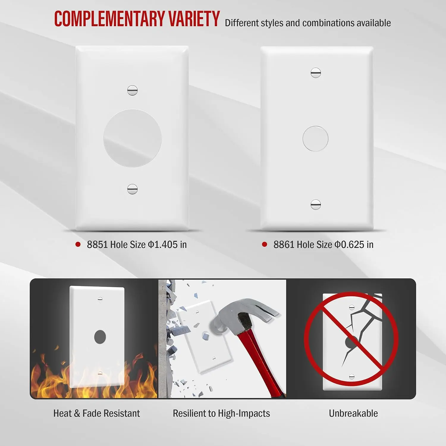 0.625" Hole Phone/Cable Wall Plate, Standard Size 1-Gang 4.50" x 2.76", Polycarbonate Thermoplastic, 8861-W, White