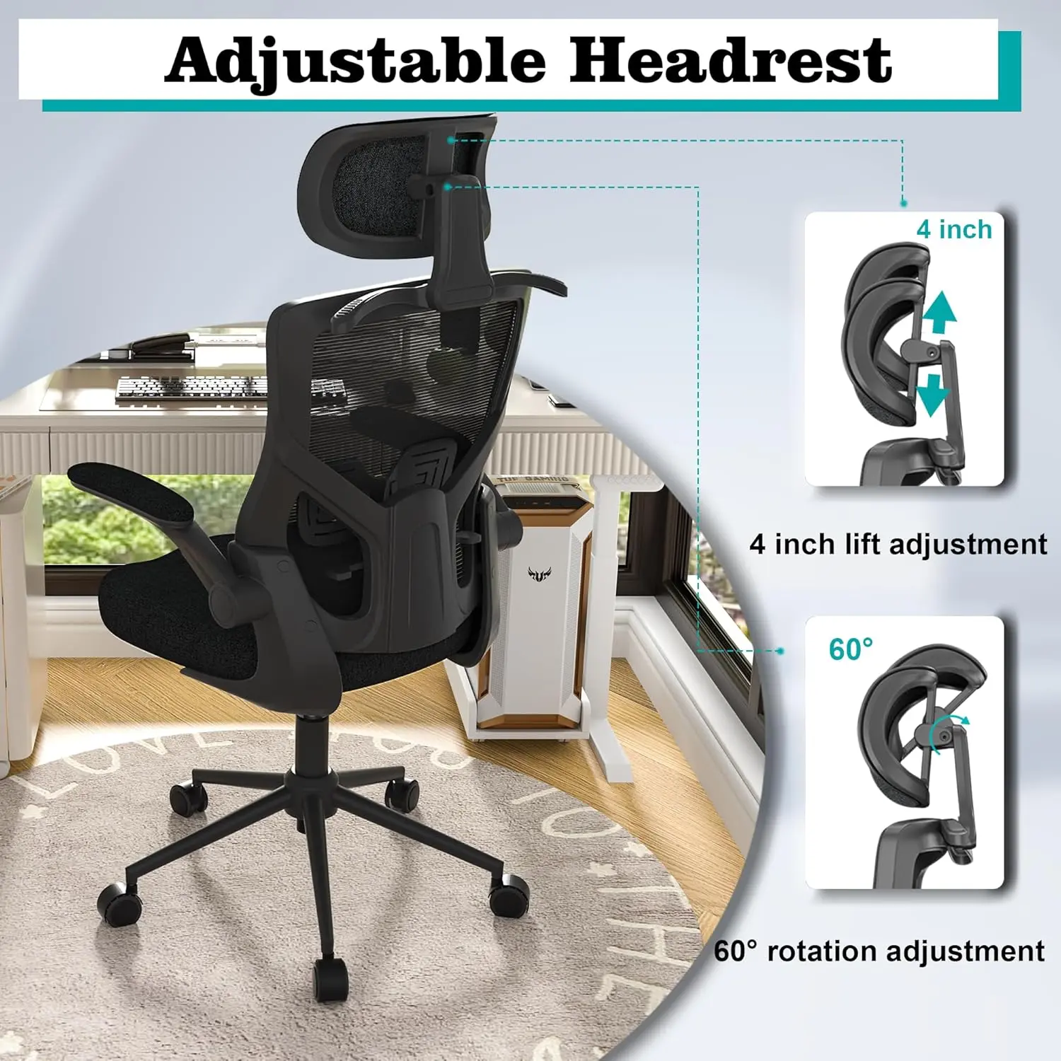 Ergonomic Office Chair, High Back Mesh Desk Chair with Molded Foam Cushion, Adjustable Headrest, Lumbar Support,