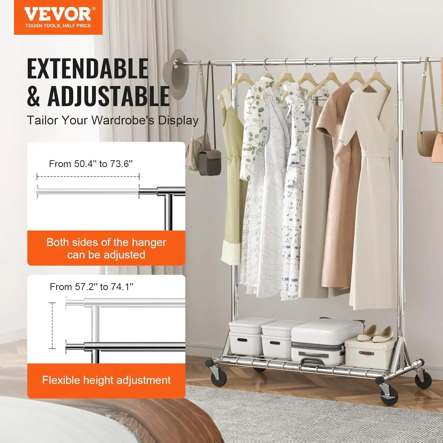 Clothes Rack with Wheels, Heavy Duty Clothing Garment Rack, Commercial Clothing Rack for Hanging Clothes with