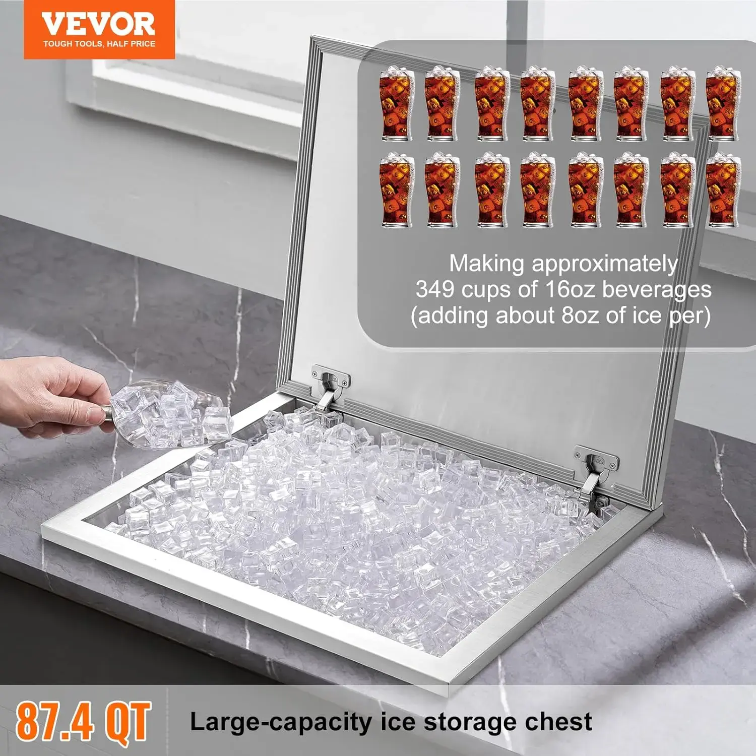 Drop in Ice Chest,28"L x 16"W x17"H Stainless Steel Ice Cooler Commercial Ice Bin with Hinged Cover,40qt Outdoor Kitchen Ice Bar