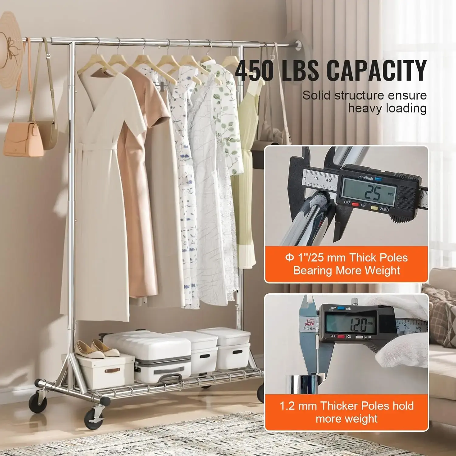 Clothes Rack with Wheels, Heavy Duty Clothing Garment Rack, Commercial Clothing Rack for Hanging Clothes with