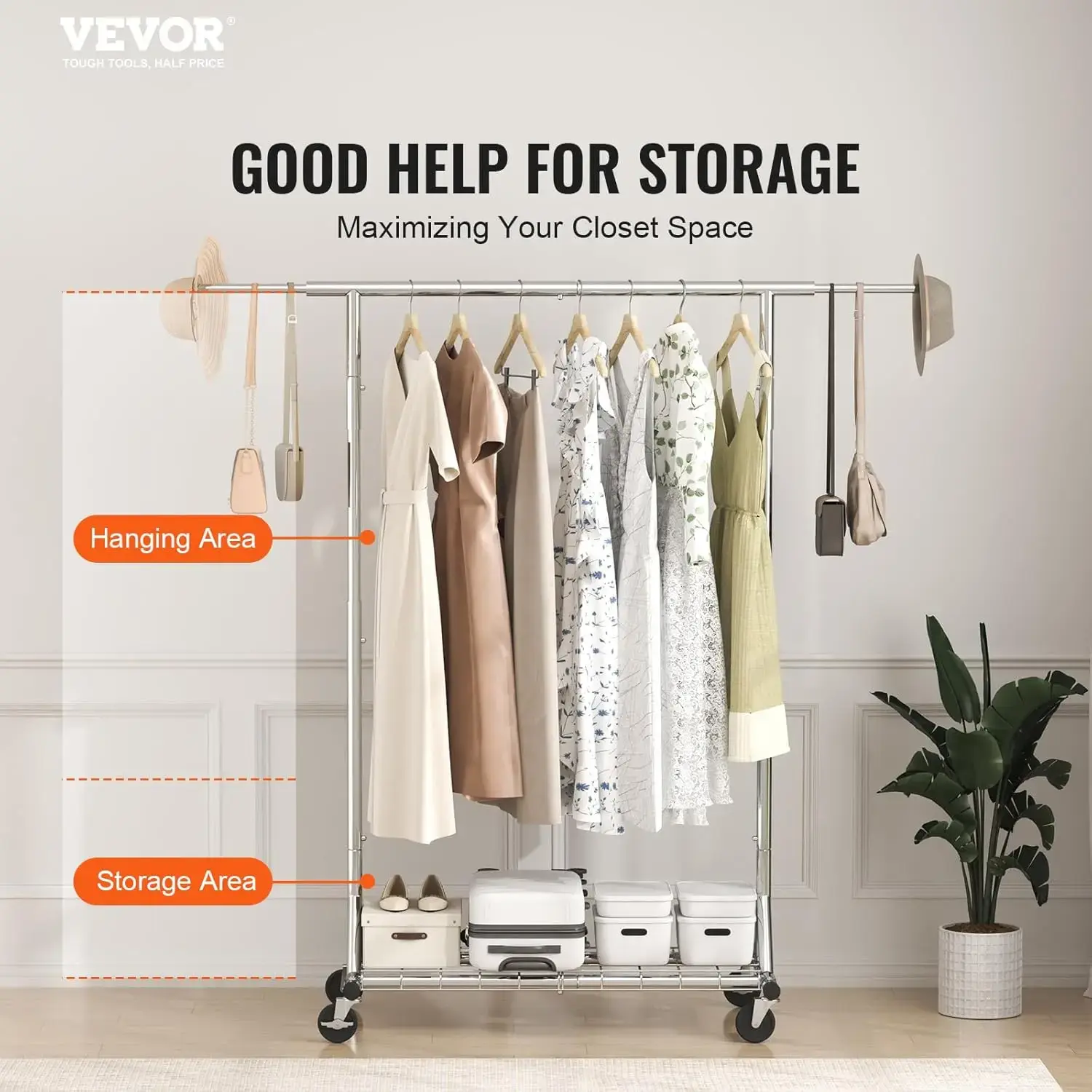 Clothes Rack with Wheels, Heavy Duty Clothing Garment Rack, Commercial Clothing Rack for Hanging Clothes with