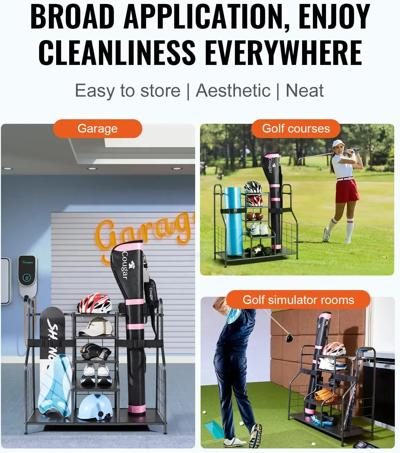 Golf Storage Garage Organizer, 2 Golf Bag Storage Stand Holder and Other Sports Equipment Storage Rack