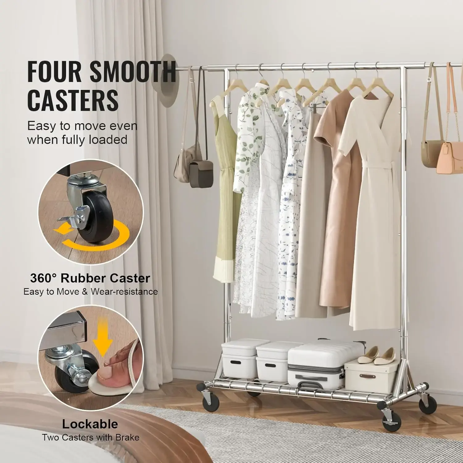 Clothes Rack with Wheels, Heavy Duty Clothing Garment Rack, Commercial Clothing Rack for Hanging Clothes with